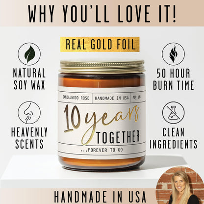 10 Year Anniversary Gift for Wife - Soy Candle, Sandalwood Rose | 50Hr Burn, USA Made