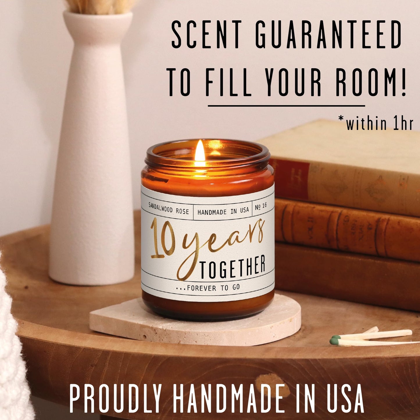 10 Year Anniversary Gift for Wife - Soy Candle, Sandalwood Rose | 50Hr Burn, USA Made