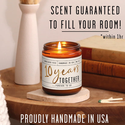 10 Year Anniversary Gift for Wife - Soy Candle, Sandalwood Rose | 50Hr Burn, USA Made