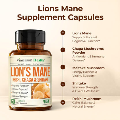 Lions Mane Capsule Supplement - Focus, Mood & Immune Support (60 Vegan Capsules) - Non-GMO
