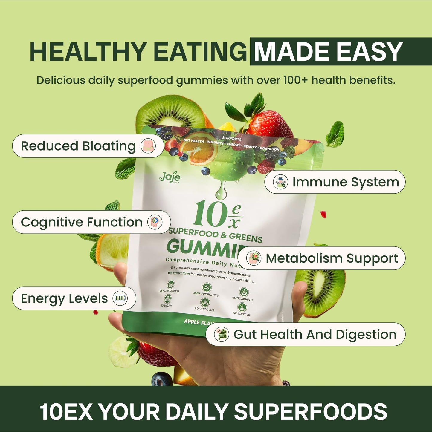 10ex Supergreens Gummies with Probiotics – 40 Superfoods, 10x Nutrition