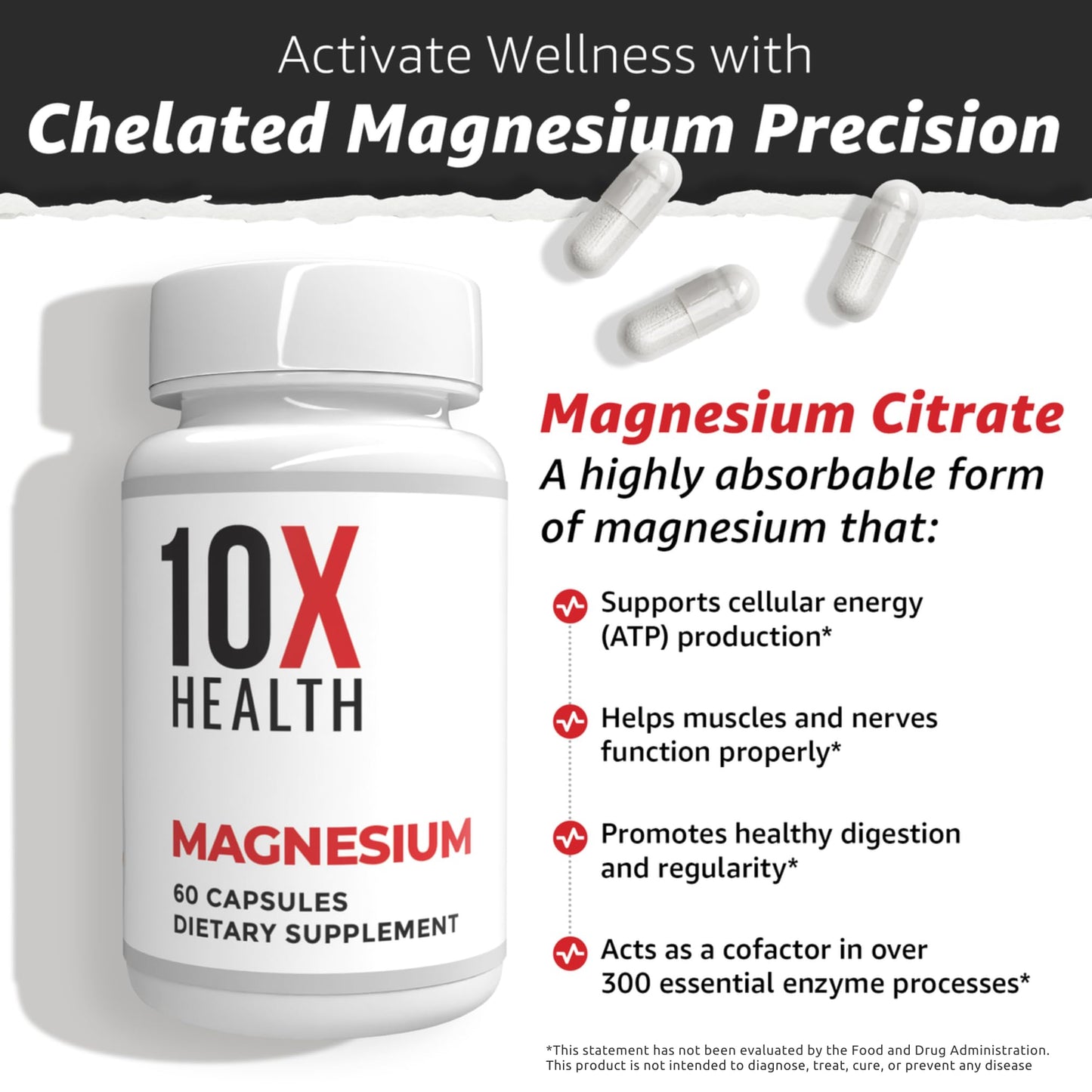 10X Health Magnesium Supplements – High-Absorption Magnesium Citrate for Sleep, Muscle & Heart Health – 60 Capsules