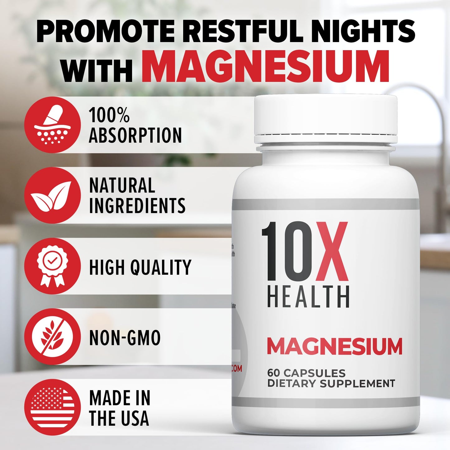 10X Health Magnesium Supplements – High-Absorption Magnesium Citrate for Sleep, Muscle & Heart Health – 60 Capsules