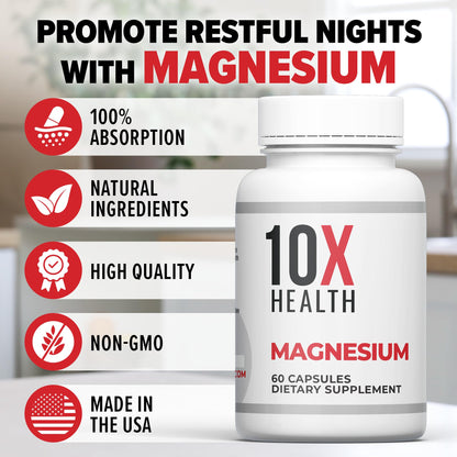 10X Health Magnesium Supplements – High-Absorption Magnesium Citrate for Sleep, Muscle & Heart Health – 60 Capsules