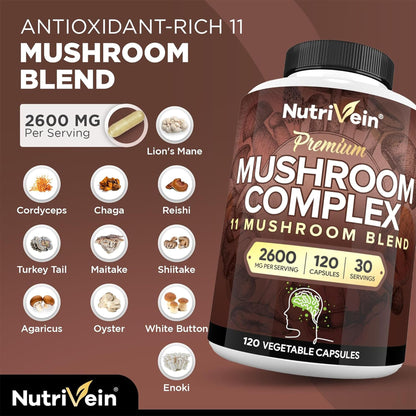 Nutrivein Premium Mushroom Supplement 2600 mg - 120 Capsules - 11-Mushroom Complex (Lion's Mane, Cordyceps, Reishi)