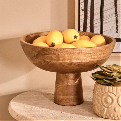 Kara Mango Wood Serving or Fruit Bowl with Pedestal Base