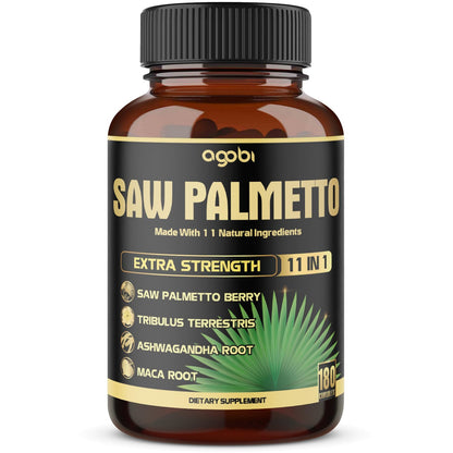 11in1 Saw Palmetto Capsules with Ashwagandha - Prostate & Hair Support - 180 Count (6-Month Supply)