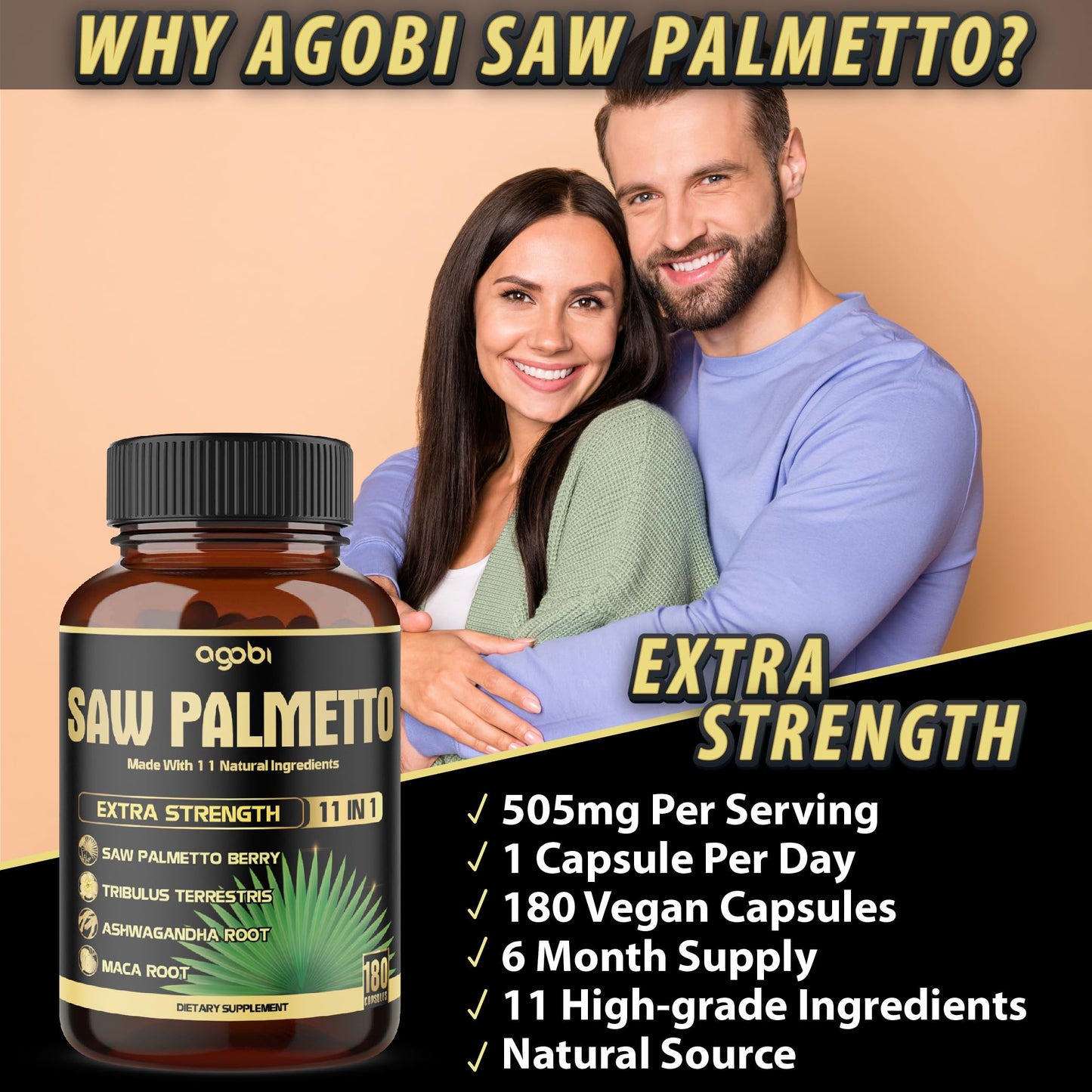 11in1 Saw Palmetto Capsules with Ashwagandha - Prostate & Hair Support - 180 Count (6-Month Supply)