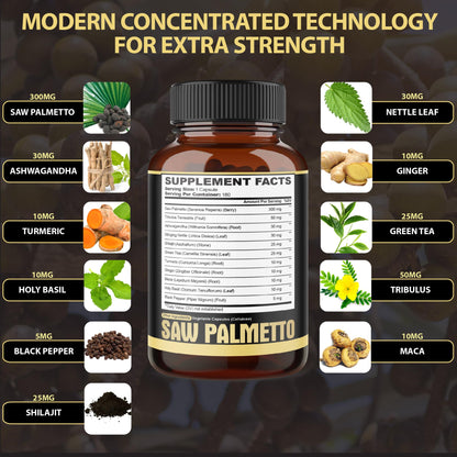 11in1 Saw Palmetto Capsules with Ashwagandha - Prostate & Hair Support - 180 Count (6-Month Supply)