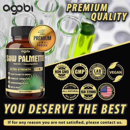 11in1 Saw Palmetto Capsules with Ashwagandha - Prostate & Hair Support - 180 Count (6-Month Supply)