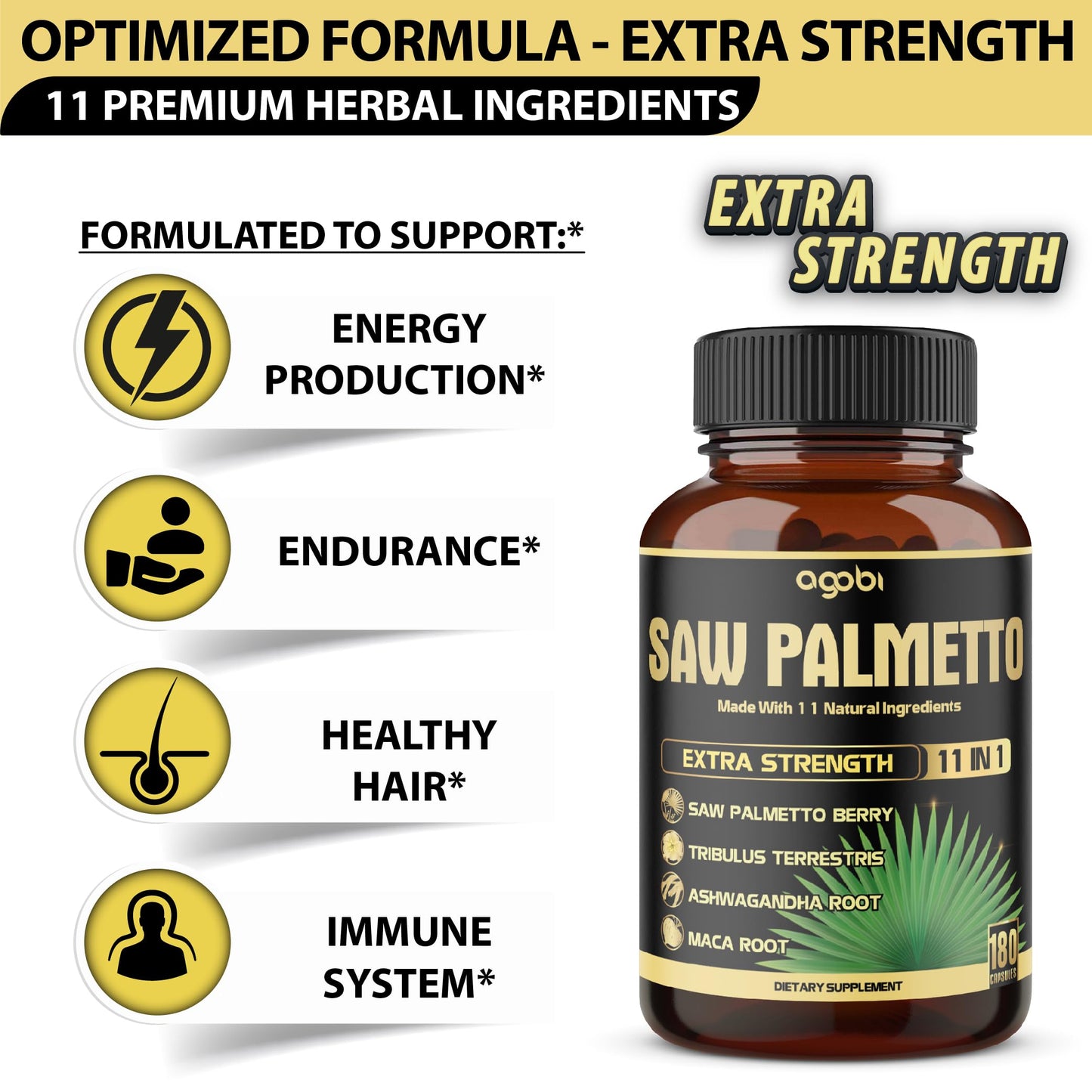 11in1 Saw Palmetto Capsules with Ashwagandha - Prostate & Hair Support - 180 Count (6-Month Supply)