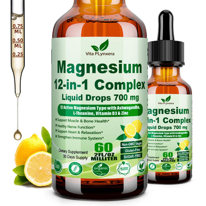 12-in-1 Magnesium Complex Liquid Drops – Chelated Mg with D3, Ashwagandha, Theanine, Zinc