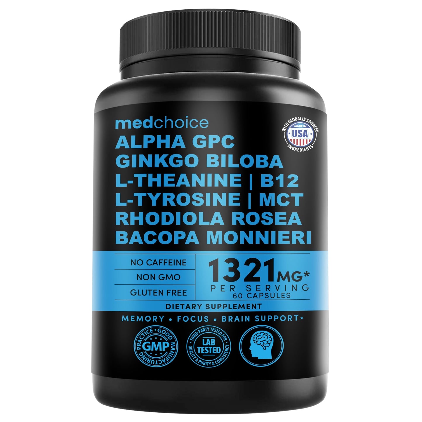 12-in-1 Nootropic Ginkgo Biloba for Brain Support - 60ct, Non-Caffeinated 1321mg