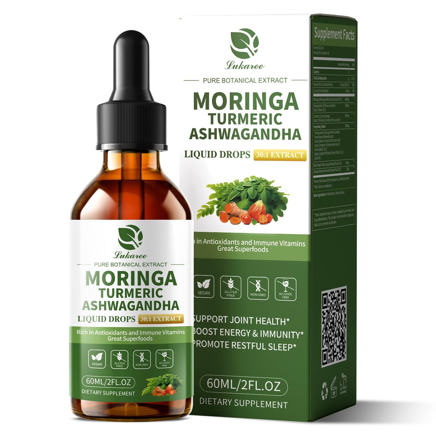 12-in-1 Organic Moringa Drops with Ashwagandha, Turmeric, Quercetin | 98% Absorption Liposomal 30:1 Extract for Energy Immunity Joints