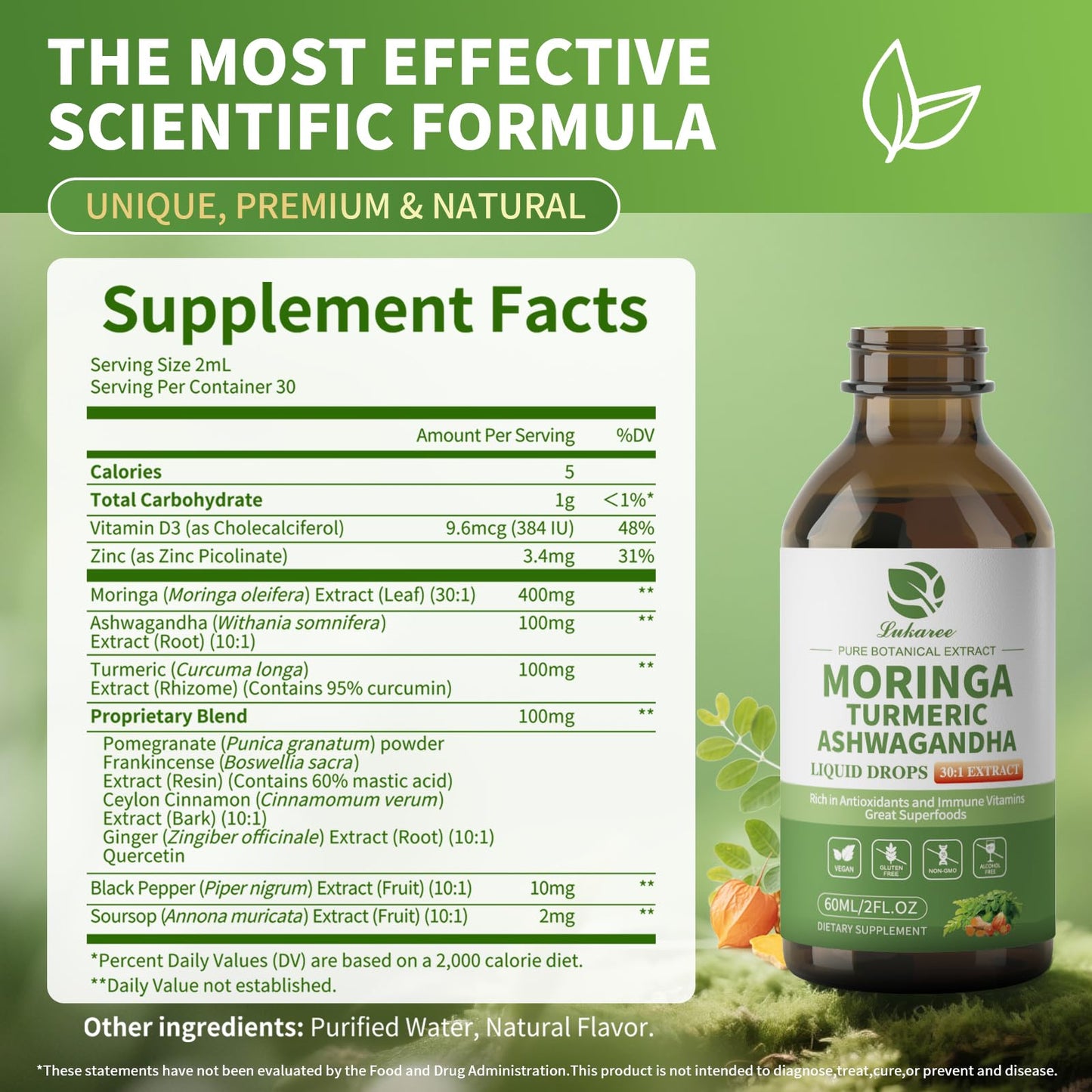 12-in-1 Organic Moringa Drops with Ashwagandha, Turmeric, Quercetin | 98% Absorption Liposomal 30:1 Extract for Energy Immunity Joints