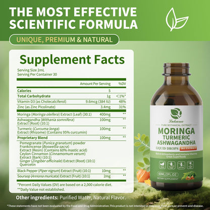 12-in-1 Organic Moringa Drops with Ashwagandha, Turmeric, Quercetin | 98% Absorption Liposomal 30:1 Extract for Energy Immunity Joints
