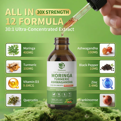 12-in-1 Organic Moringa Drops with Ashwagandha, Turmeric, Quercetin | 98% Absorption Liposomal 30:1 Extract for Energy Immunity Joints