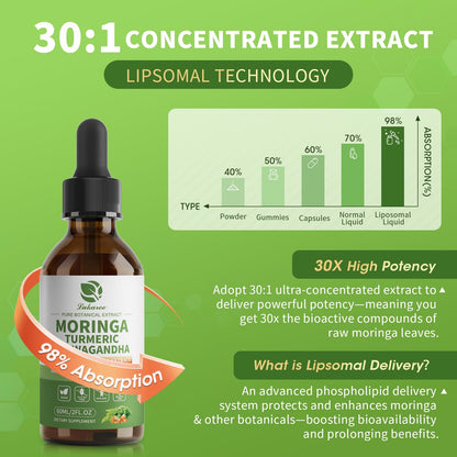 12-in-1 Organic Moringa Drops with Ashwagandha, Turmeric, Quercetin | 98% Absorption Liposomal 30:1 Extract for Energy Immunity Joints