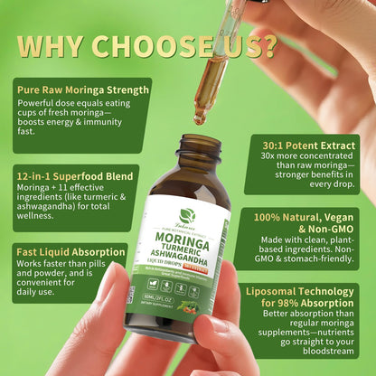 12-in-1 Organic Moringa Drops with Ashwagandha, Turmeric, Quercetin | 98% Absorption Liposomal 30:1 Extract for Energy Immunity Joints