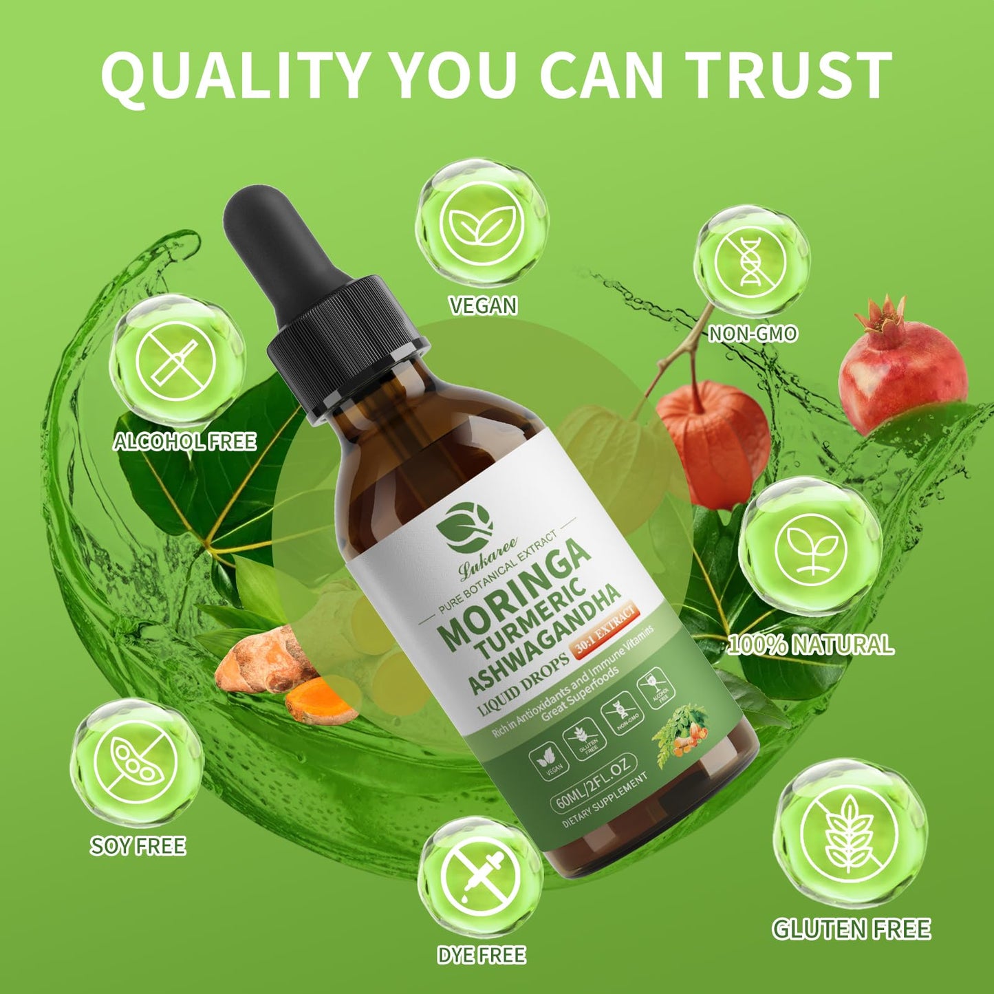 12-in-1 Organic Moringa Drops with Ashwagandha, Turmeric, Quercetin | 98% Absorption Liposomal 30:1 Extract for Energy Immunity Joints