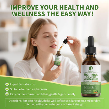 12-in-1 Organic Moringa Drops with Ashwagandha, Turmeric, Quercetin | 98% Absorption Liposomal 30:1 Extract for Energy Immunity Joints