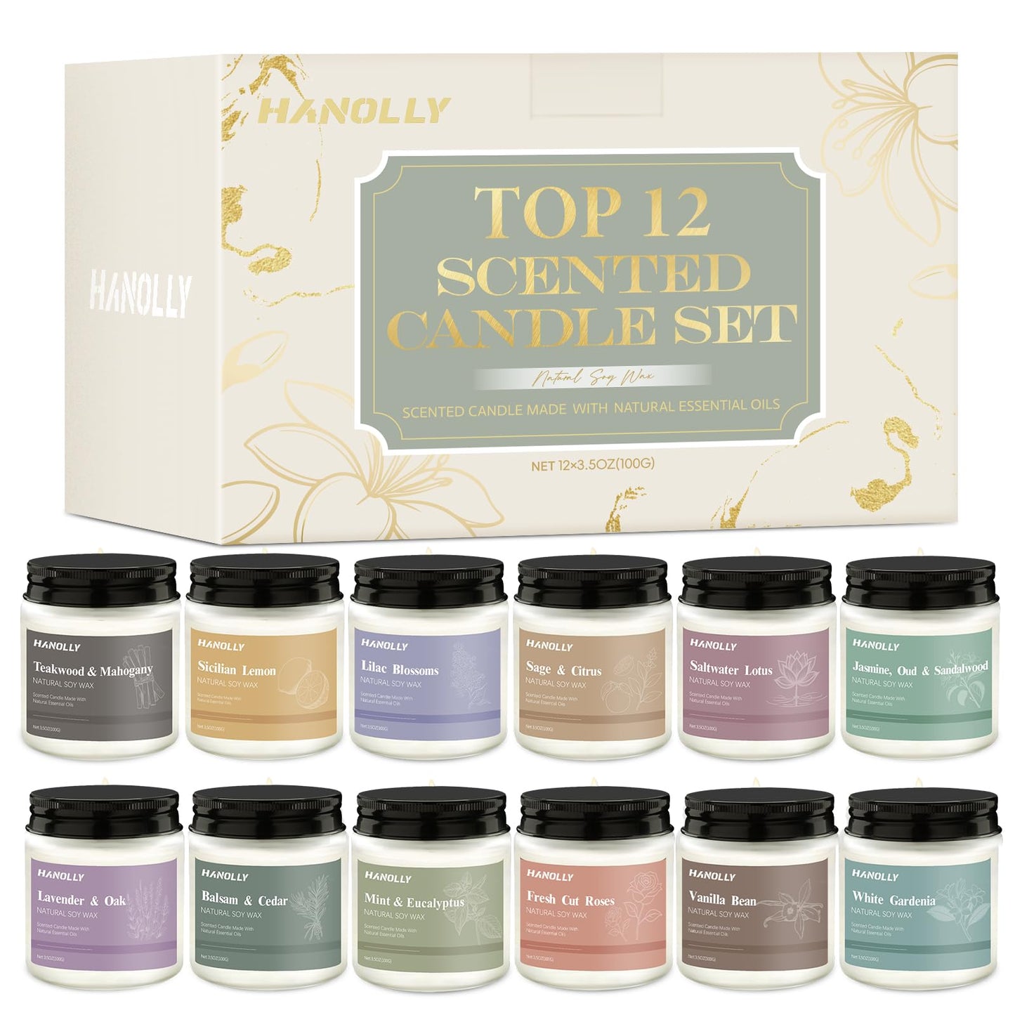 12 Pack Natural Soy Candles Gift Set – Aromatherapy Home Scents (Lavender, Vanilla, Rose & Eucalyptus)