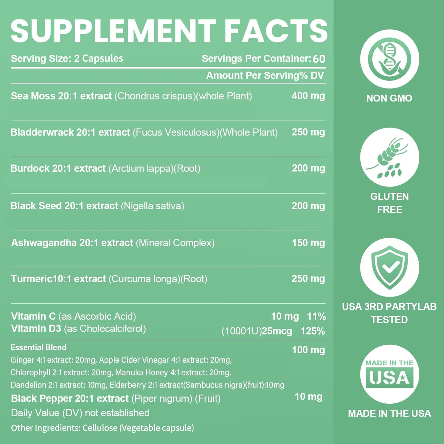 Sea Moss Capsules with Ashwagandha, Black Seed Oil & Turmeric - Multimineral Supplement 120 Count
