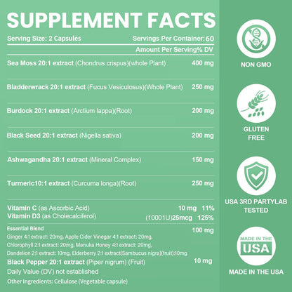 Sea Moss Capsules with Ashwagandha, Black Seed Oil & Turmeric - Multimineral Supplement 120 Count