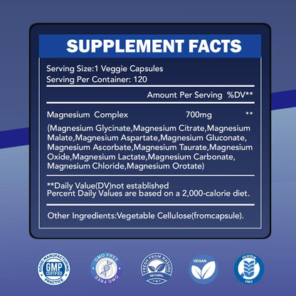 Magnesium Complex 700mg 12-in-1 | Sleep, Calm & Heart Health | Vegan 120 Caps