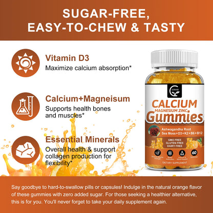 1200mg Calcium Gummies with D3, K2, B12 & B6 – Plant Complex Calcium Magnesium with Sea Moss
