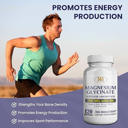365 Health Magnesium Glycinate 500mg – 120 Vegetarian Tablets | Non-GMO, Gluten Free