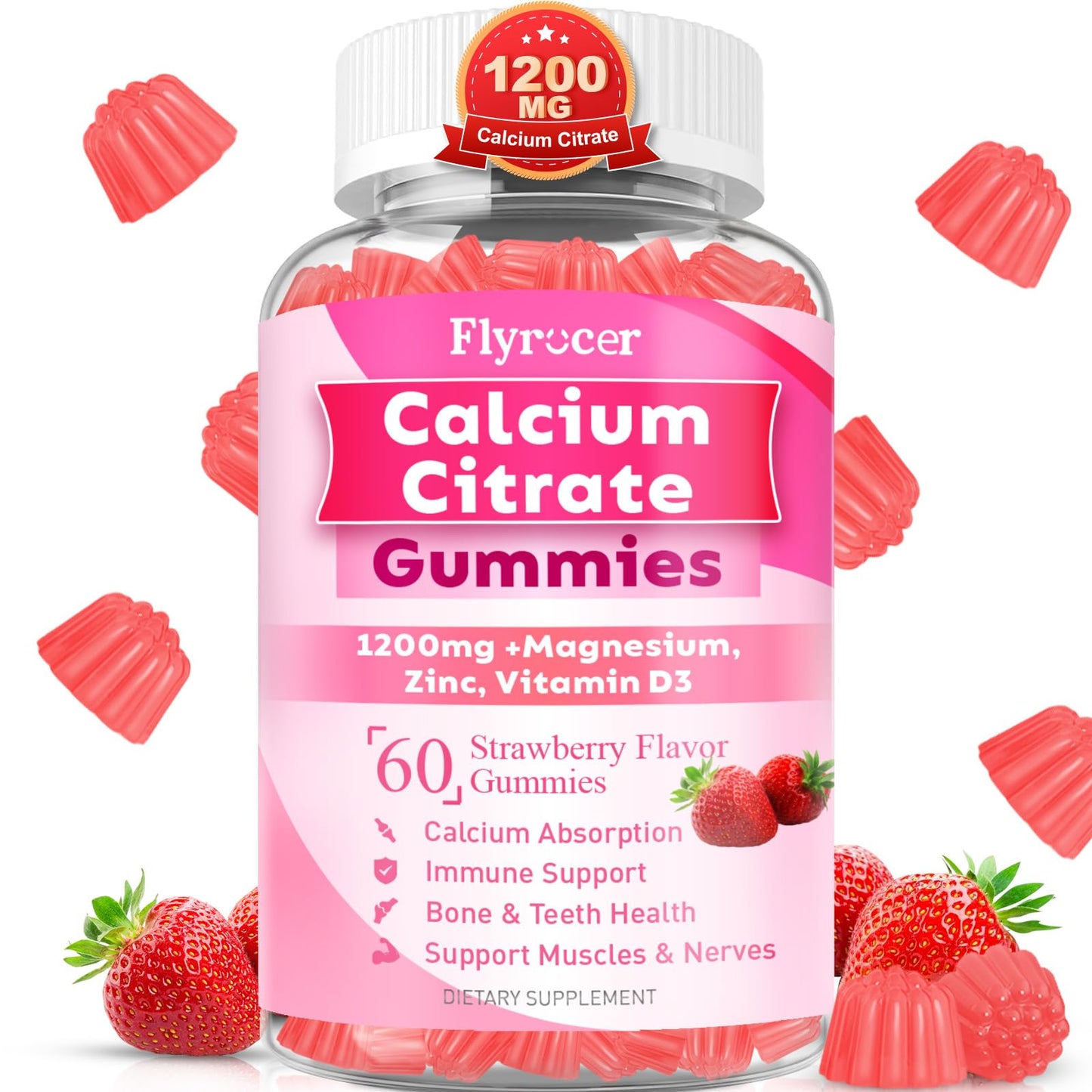 1200mg Calcium Citrate Gummies – Sugar-Free Strawberry | Bone, Teeth & Muscle Support (60 Count)