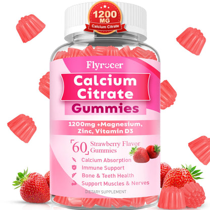 1200mg Calcium Citrate Gummies – Sugar-Free Strawberry | Bone, Teeth & Muscle Support (60 Count)
