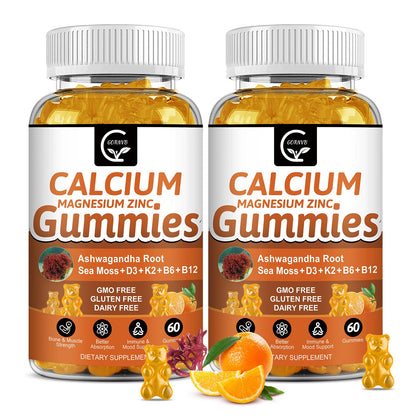 1200mg Calcium Gummies with D3, K2, B12 & B6 – Plant Calcium Magnesium | 2-Pack