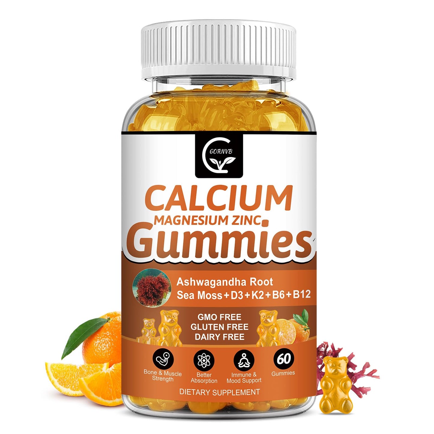 1200mg Calcium Gummies with D3, K2, B12 & B6 – Plant Complex Calcium Magnesium with Sea Moss