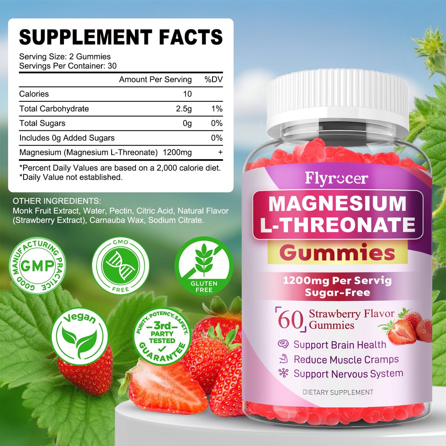 1200MG Magnesium L-Threonate Gummies - Magnesium Threonate Gummies Supplements for Kids & Adults, Support Cognitive Function, Brain & Nerves Health, Strawberry Flavor, 60 Count