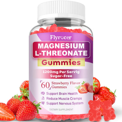 1200MG Magnesium L-Threonate Gummies - Magnesium Threonate Gummies Supplements for Kids & Adults, Support Cognitive Function, Brain & Nerves Health, Strawberry Flavor, 60 Count