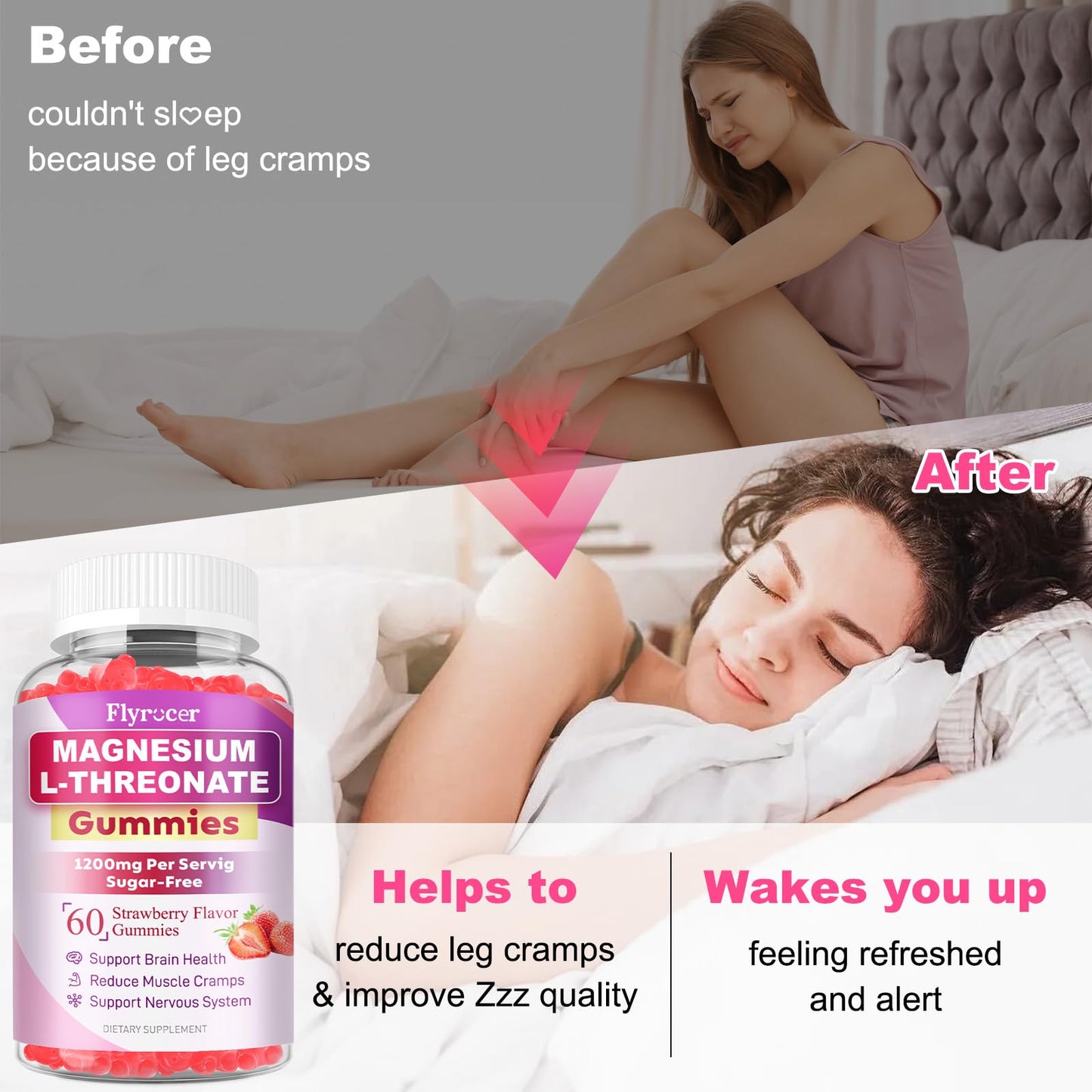 1200MG Magnesium L-Threonate Gummies - Magnesium Threonate Gummies Supplements for Kids & Adults, Support Cognitive Function, Brain & Nerves Health, Strawberry Flavor, 60 Count