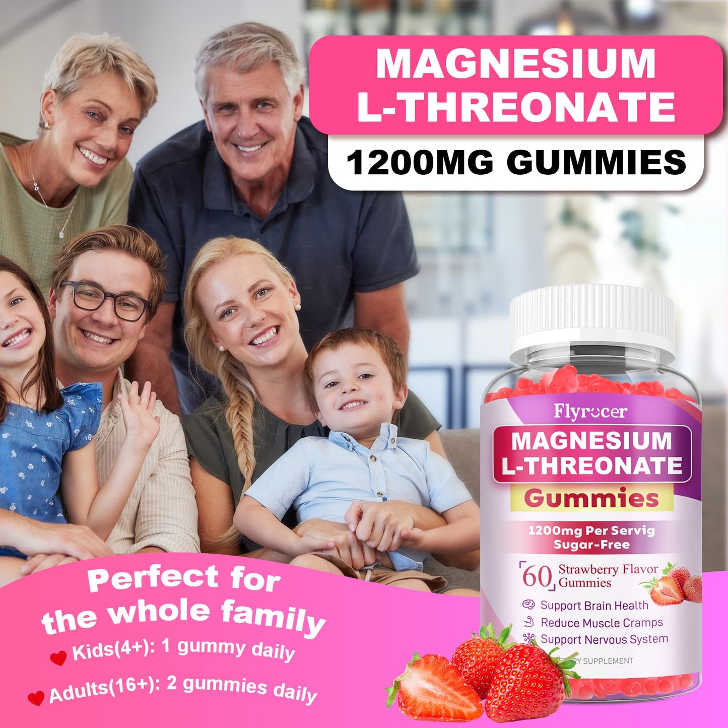 1200MG Magnesium L-Threonate Gummies - Magnesium Threonate Gummies Supplements for Kids & Adults, Support Cognitive Function, Brain & Nerves Health, Strawberry Flavor, 60 Count
