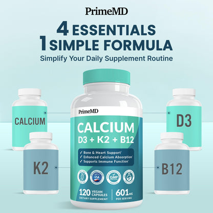 4-in-1 Calcium + Vitamin D3/K2 5000 IU - 601mg per Serving (120 ct) | Gluten-Free & Vegan