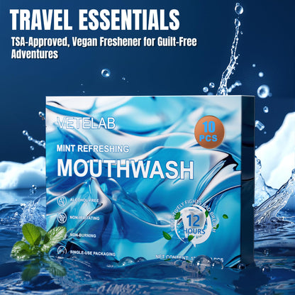 Portable Travel Size Mouthwash Packets – TSA-Approved 0.4oz Mini Mint Mouthwash (10-Pack, Alcohol & Fluoride-Free)
