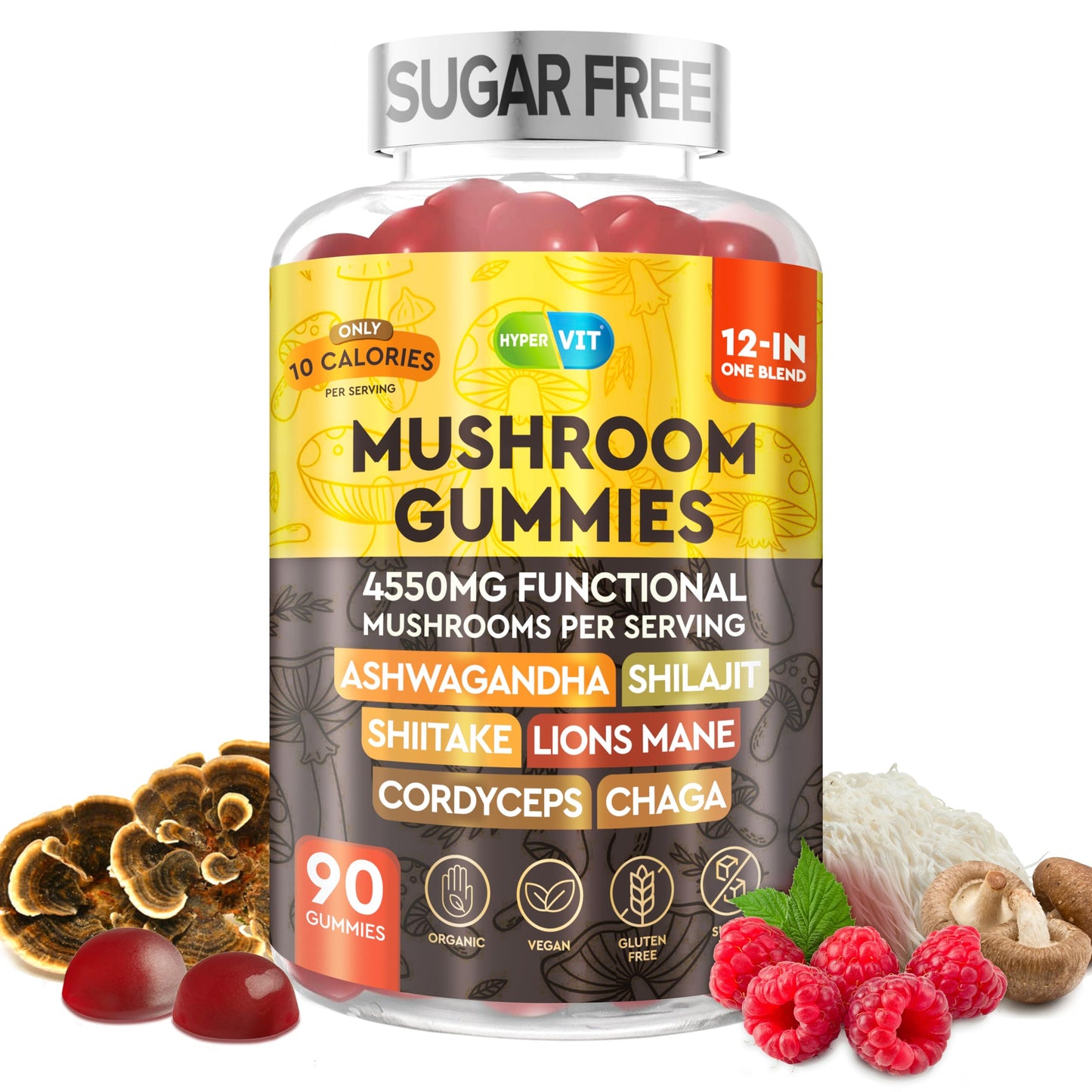 12in1 Mushroom Gummies 4550mg with Ashwagandha & Shilajit – Sugar Free, 90 Count (45 Servings) | Energy & Focus