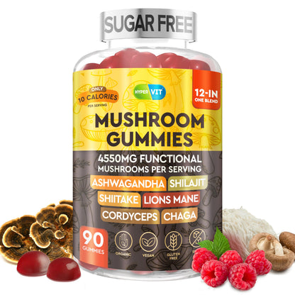 12in1 Mushroom Gummies 4550mg with Ashwagandha & Shilajit – Sugar Free, 90 Count (45 Servings) | Energy & Focus