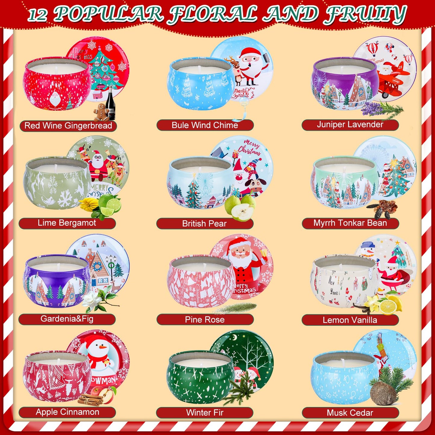 12PCS Christmas Scented Candles Gift Set for Women - Aromatherapy Soy Wax Candles (2.5oz Jars)
