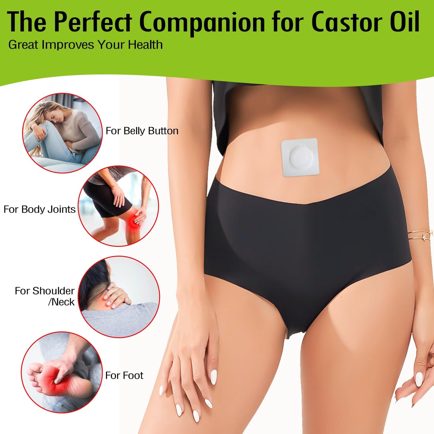 12Pcs Hypoallergenic Castor Oil Pack Wraps – Disposable 3.2x3.2 in, Self-Adhesive (White)