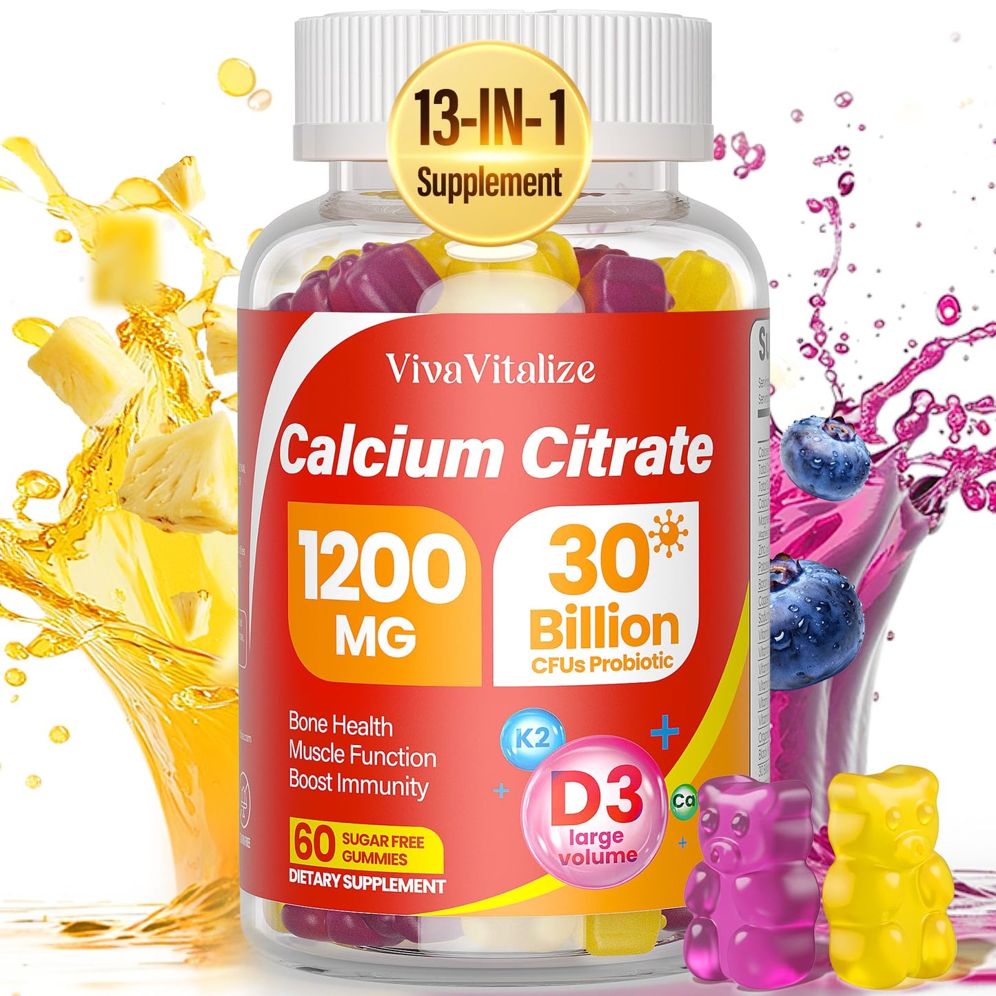 13-in-1 Calcium Citrate Gummies – 1200 mg with D3, K2, Mg & Zn | 60 Gummies