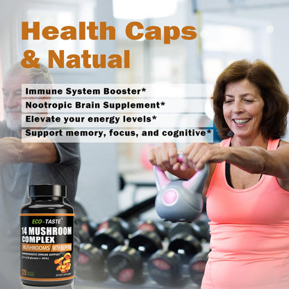 14 Mushrooms Supplement 120 Capsules – Immune Support & Nootropic (30% Beta-Glucan)