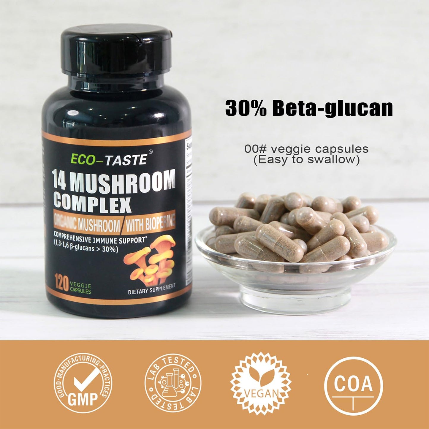 14 Mushrooms Supplement 120 Capsules – Immune Support & Nootropic (30% Beta-Glucan)