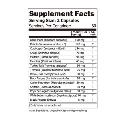 14 Mushrooms Supplement 120 Capsules – Immune Support & Nootropic (30% Beta-Glucan)