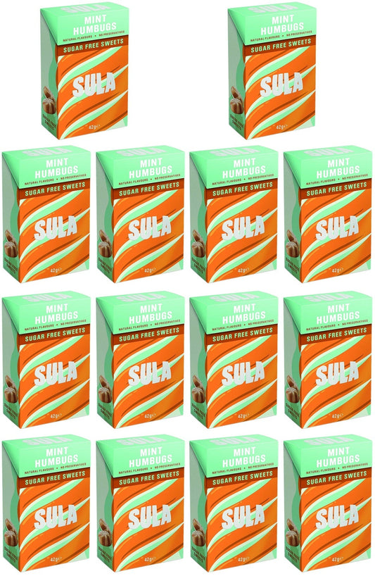 14 x Sula Mint Humbugs Sugar Free - 42g British Grocery
